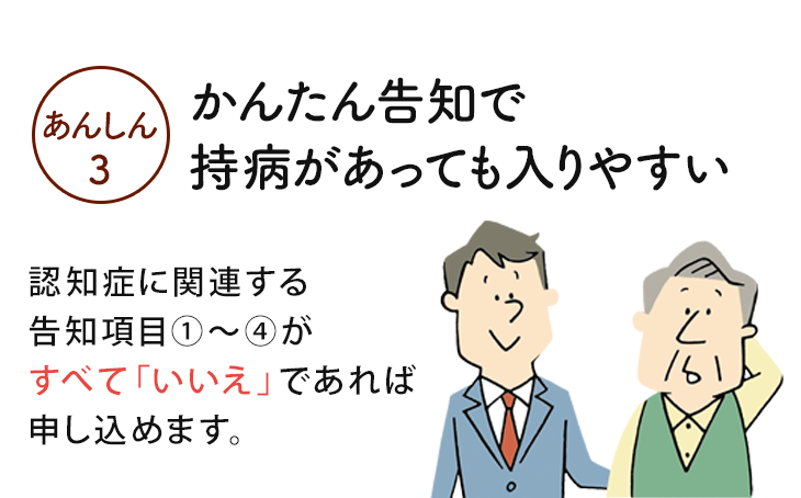 あんしん3かんたん告知で持病があっても入りやすい認知症に関連する告知項目①~④がすべて「いいえ」であれば申し込めます。